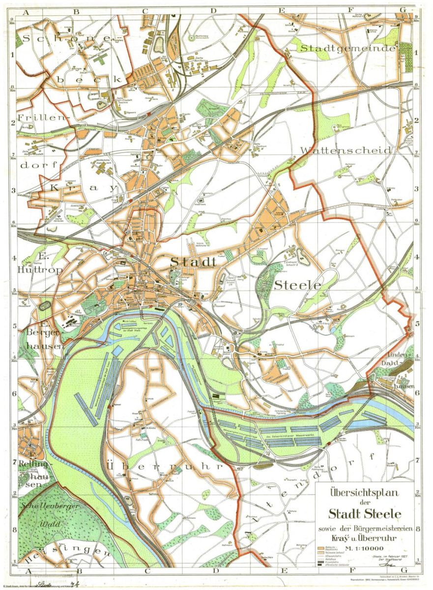 Übersichtsplan der Stadt Steele 1927 (sowie den Bürgermeistereien Kray und Überruhr)
