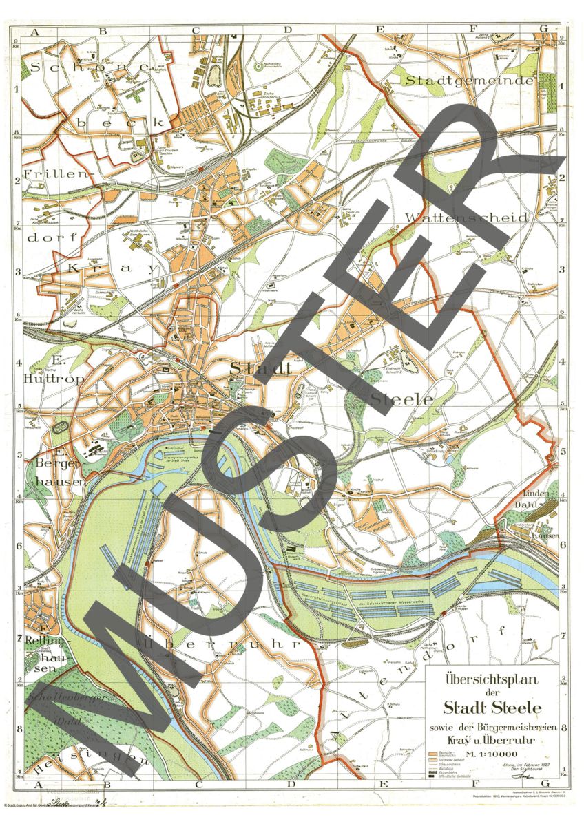 Übersichtsplan der Stadt Steele 1927 (sowie den Bürgermeistereien Kray und Überruhr)